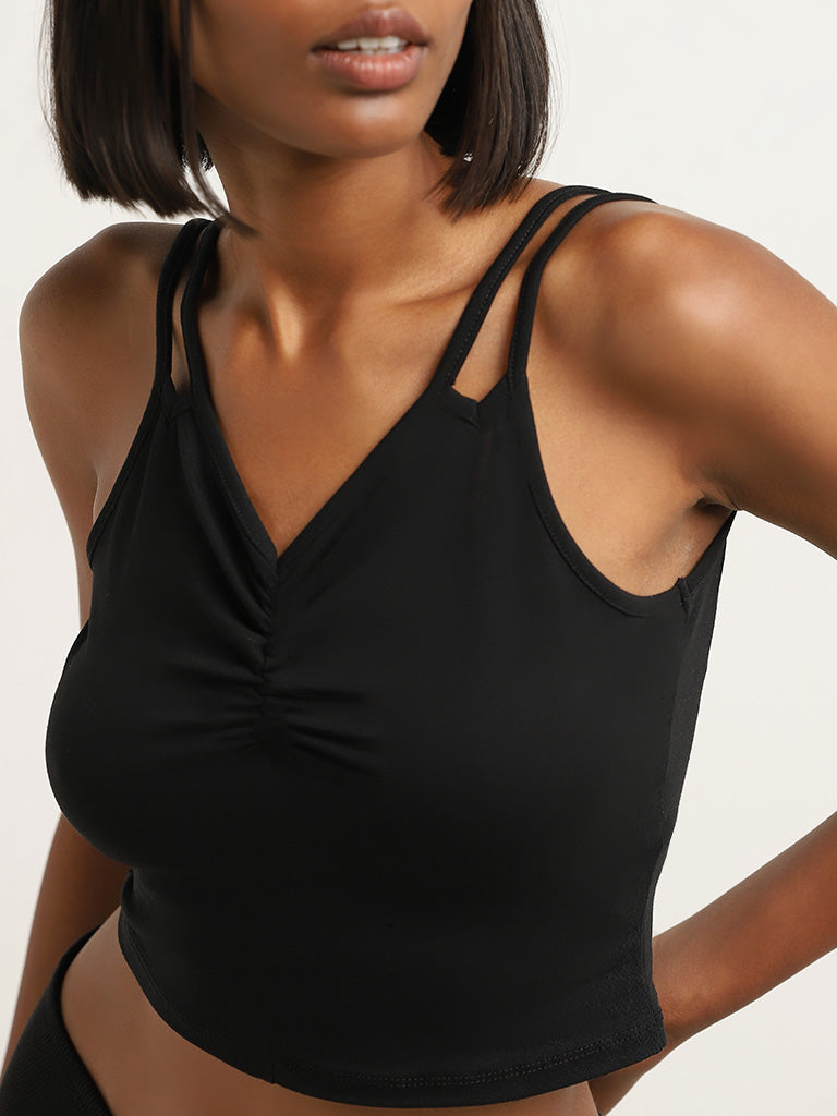 Superstar Black Cotton Blend Ruched Camisole