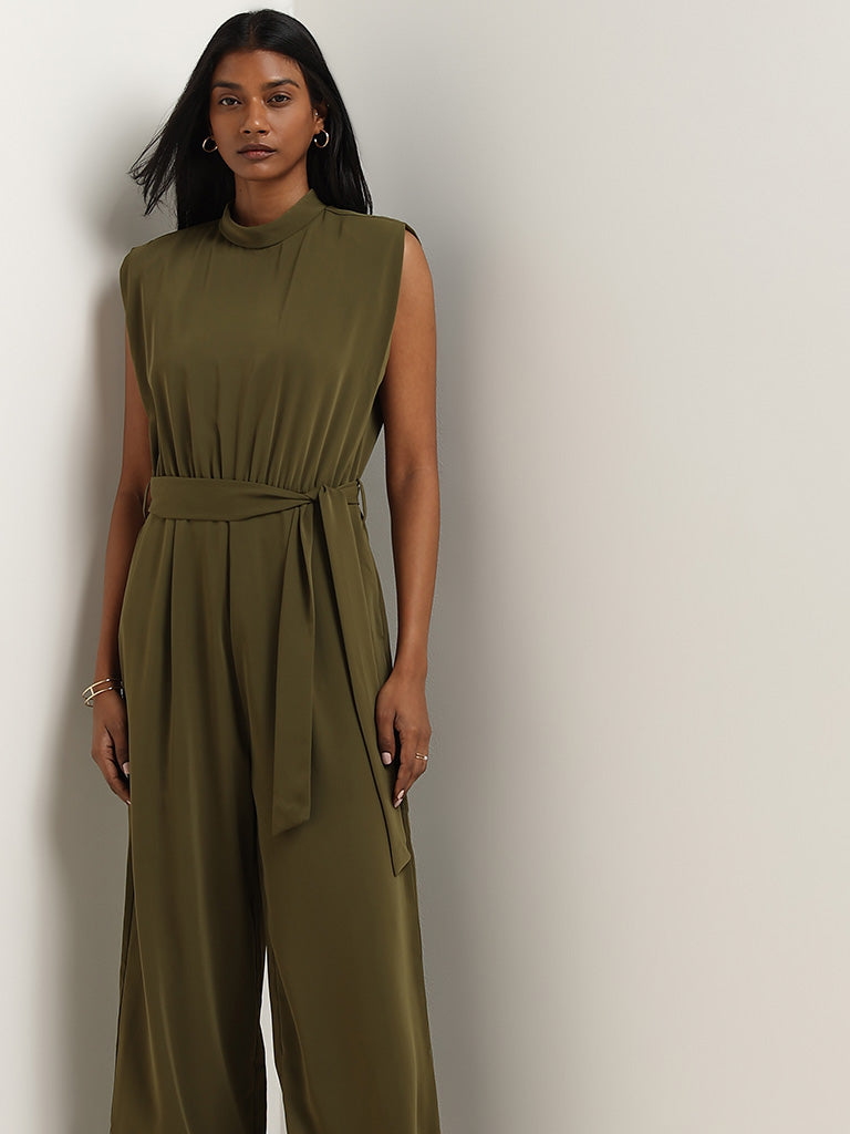 Wardrobe Olive Solid Jumpsuit with Belt