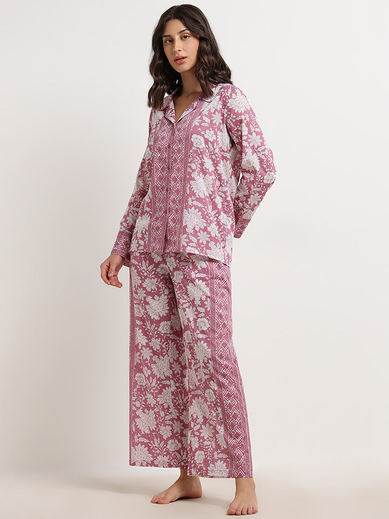 Wunderlove Pink Floral Printed Cotton Shirt with Pyjamas Set