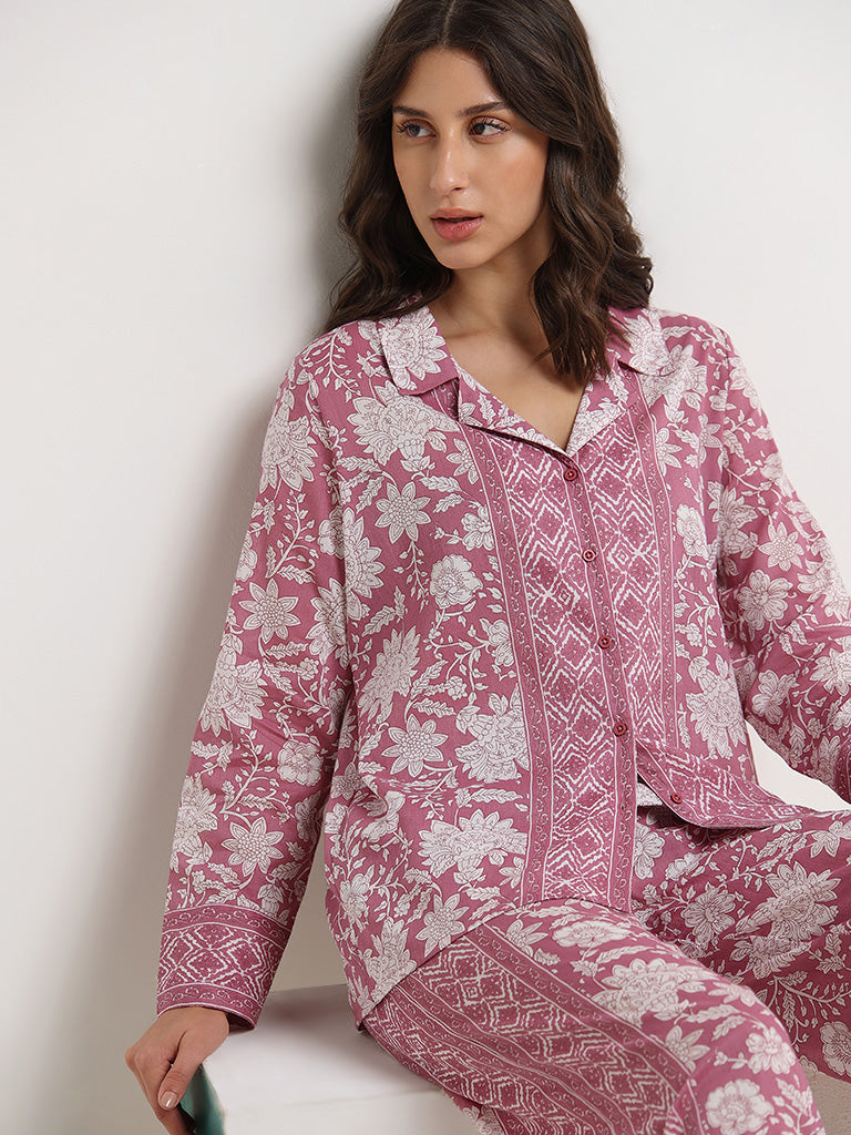 Wunderlove Pink Floral Printed Cotton Shirt with Pyjamas Set