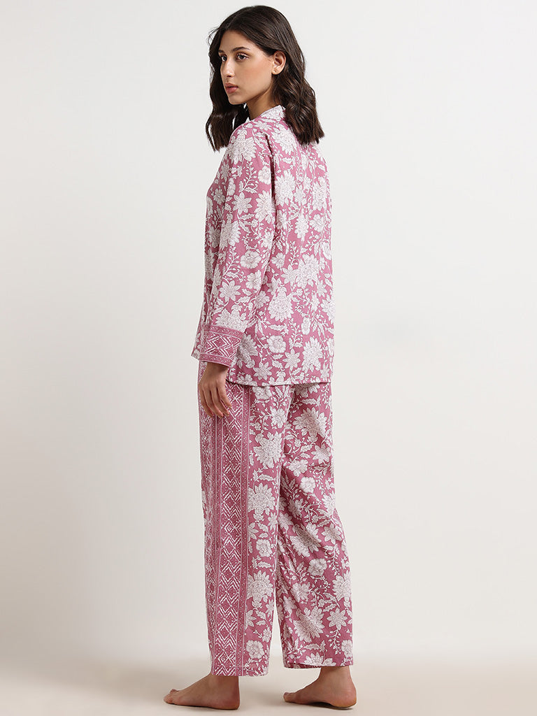 Wunderlove Pink Floral Printed Cotton Shirt with Pyjamas Set