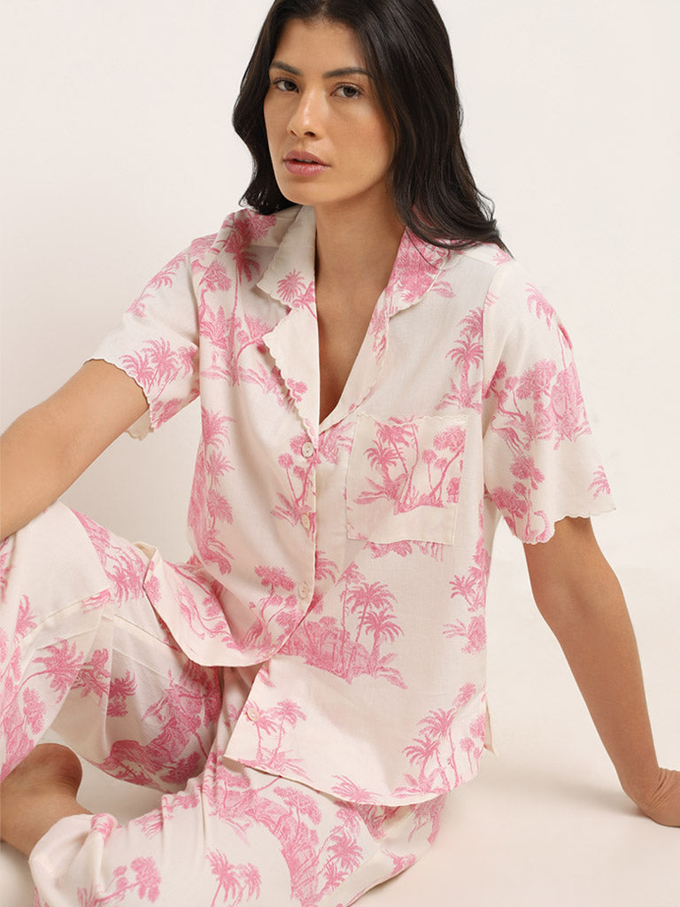 Wunderlove Pink Tropical Inspired Cotton Shirt with Mid-Rise Pyjamas Set