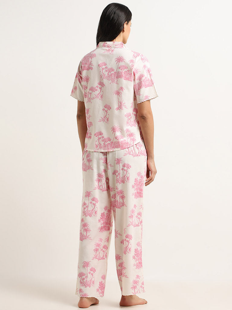 Wunderlove Pink Tropical Inspired Cotton Shirt with Mid-Rise Pyjamas Set