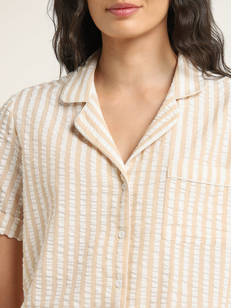 Wunderlove Beige Seersucker Striped Cotton Shirt and Mid-Rise Pyjamas Set