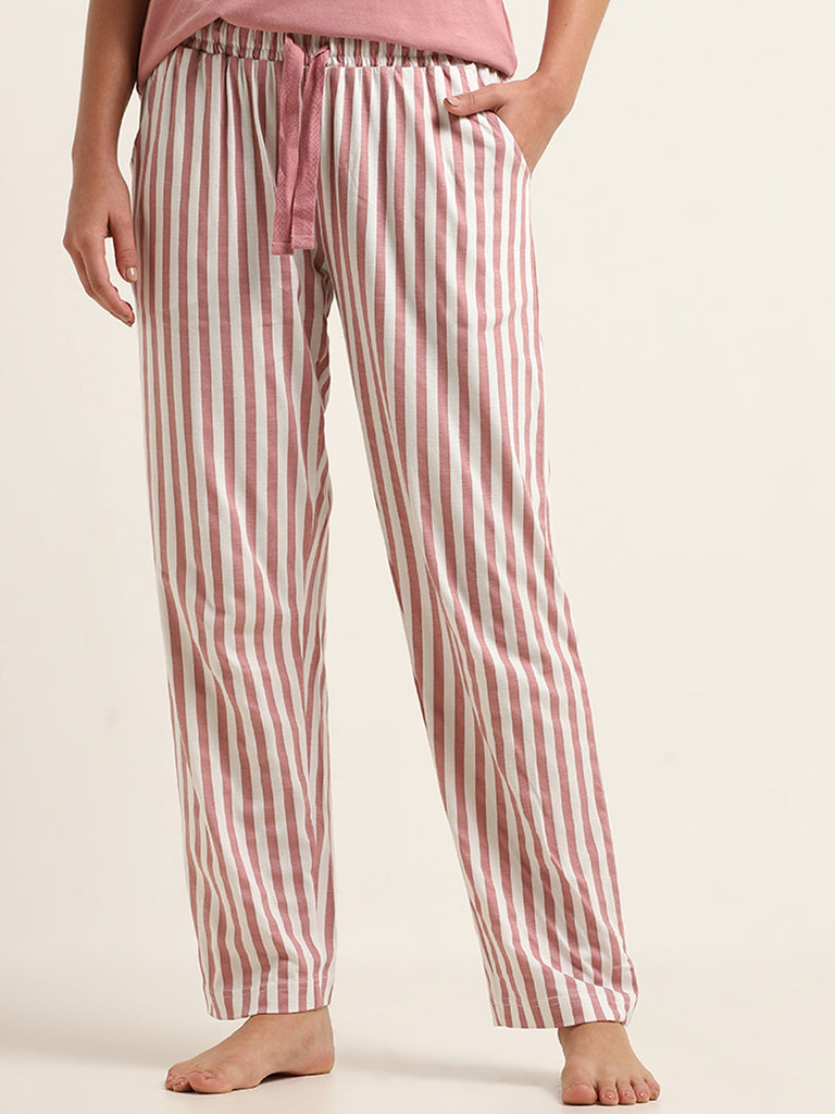 Wunderlove Blush Pink Striped Cotton Mid Rise Pyjamas