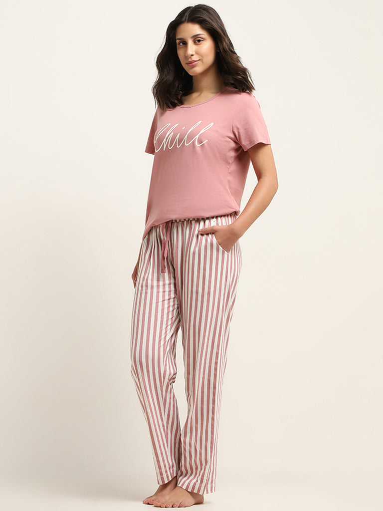 Wunderlove Blush Pink Striped Cotton Mid Rise Pyjamas