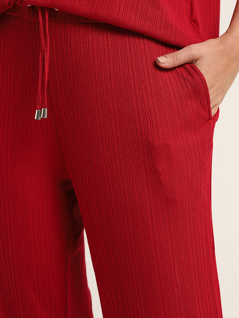 Wunderlove Red Ribbed Mid Rise Supersoft Pyjamas