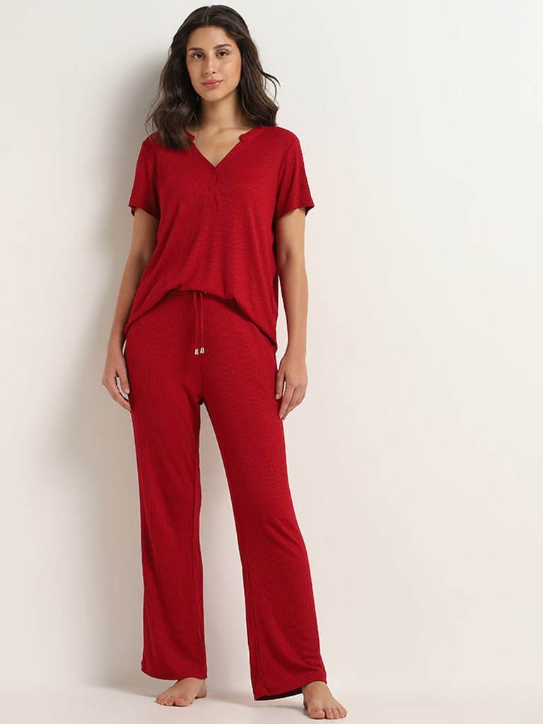 Wunderlove Red Ribbed Mid Rise Supersoft Pyjamas