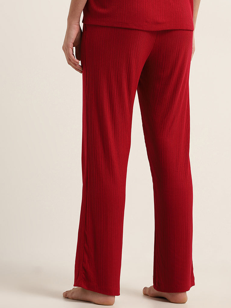 Wunderlove Red Ribbed Mid Rise Supersoft Pyjamas