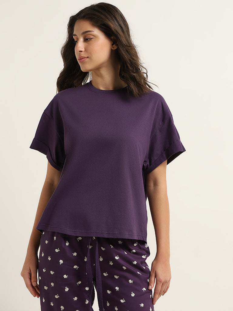 Wunderlove Dark Purple Solid Cotton T-Shirt