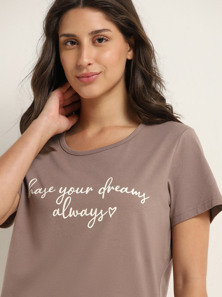 Wunderlove Dark Taupe Text Printed Cotton T-Shirt