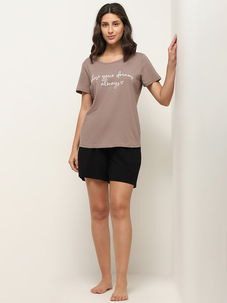 Wunderlove Dark Taupe Text Printed Cotton T-Shirt