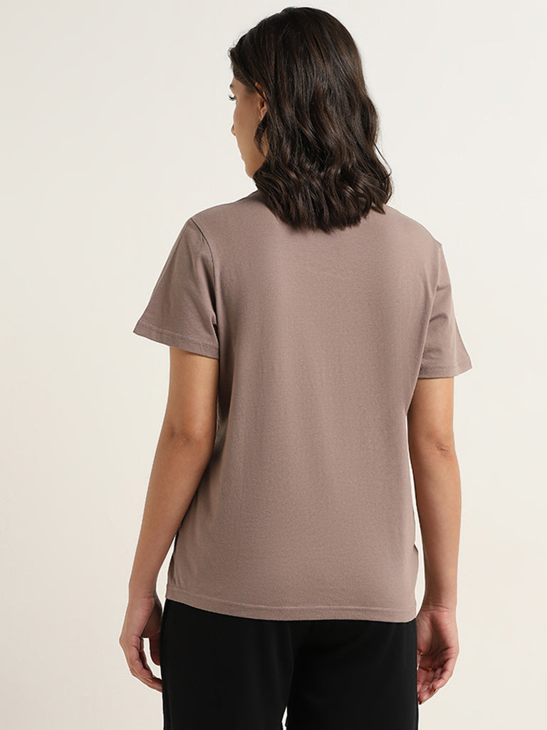 Wunderlove Dark Taupe Text Printed Cotton T-Shirt