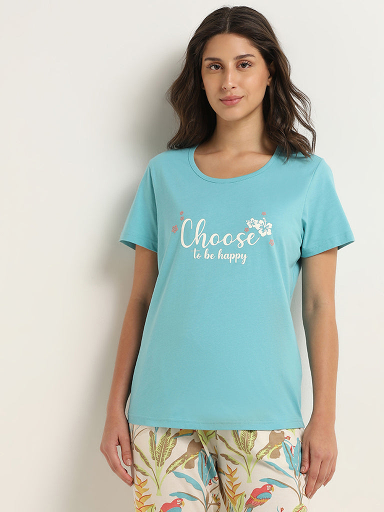 Wunderlove Blue Text-Printed Cotton T-Shirt