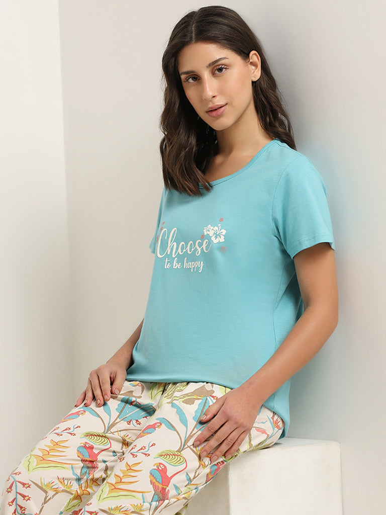 Wunderlove Blue Text-Printed Cotton T-Shirt