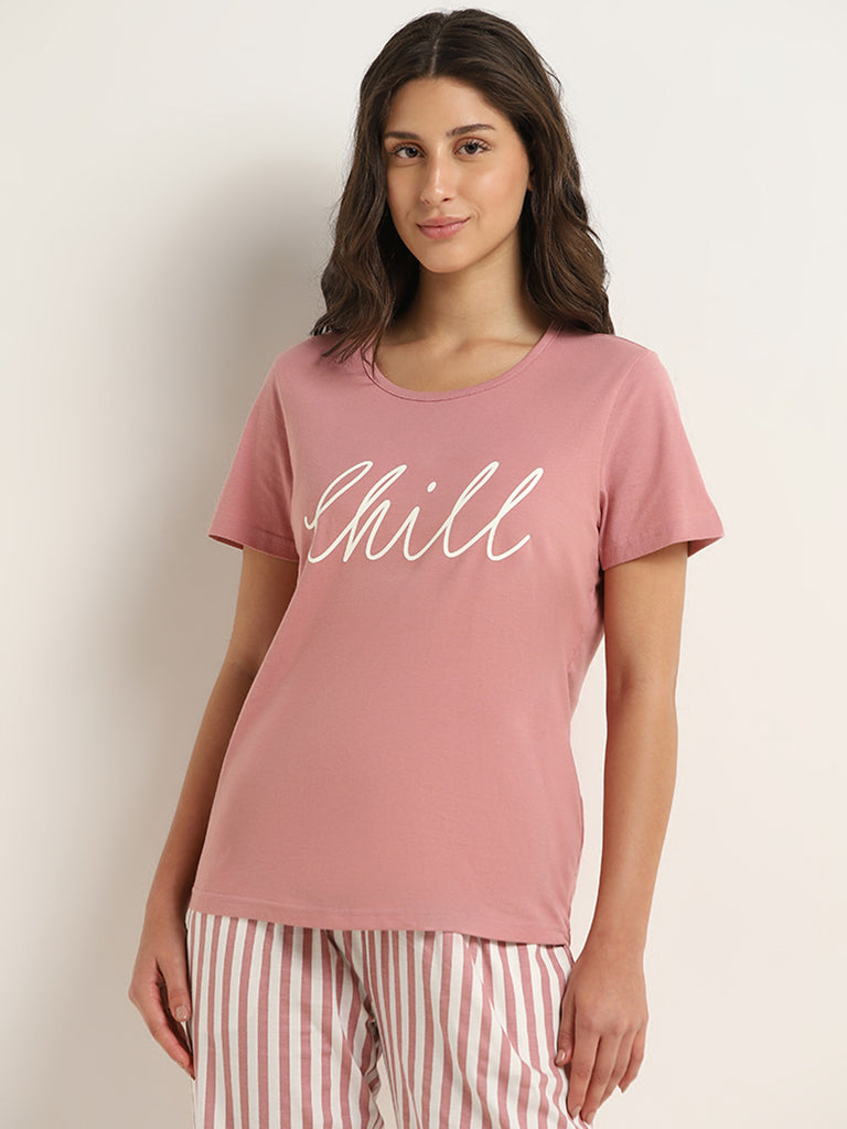 Wunderlove Blush Pink Text-Printed Cotton T-Shirt