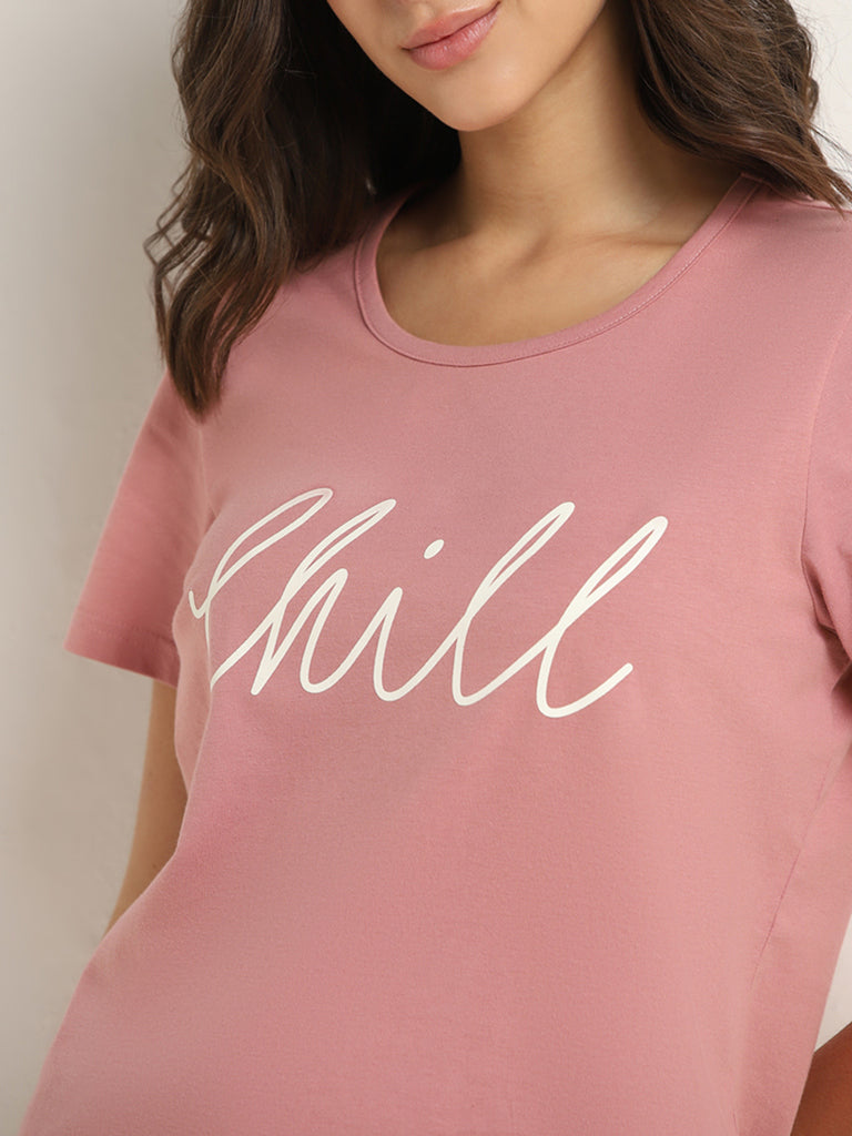 Wunderlove Blush Pink Text-Printed Cotton T-Shirt