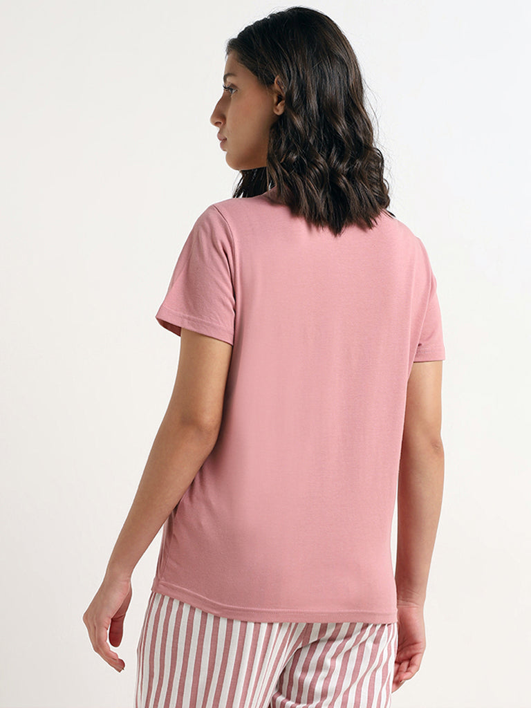 Wunderlove Blush Pink Text-Printed Cotton T-Shirt