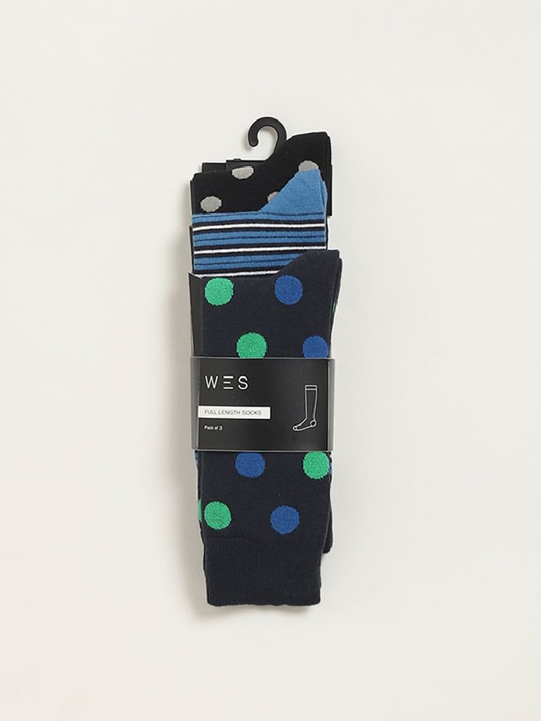 WES Lounge Multicolour Printed Cotton Blend Full Length Socks - Pack of 3