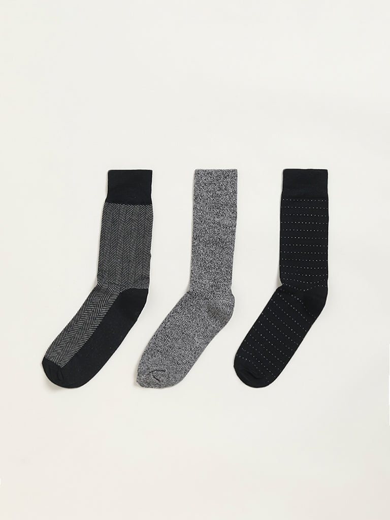 WES Lounge Black Printed Cotton Blend Full Length Socks - Pack of 3