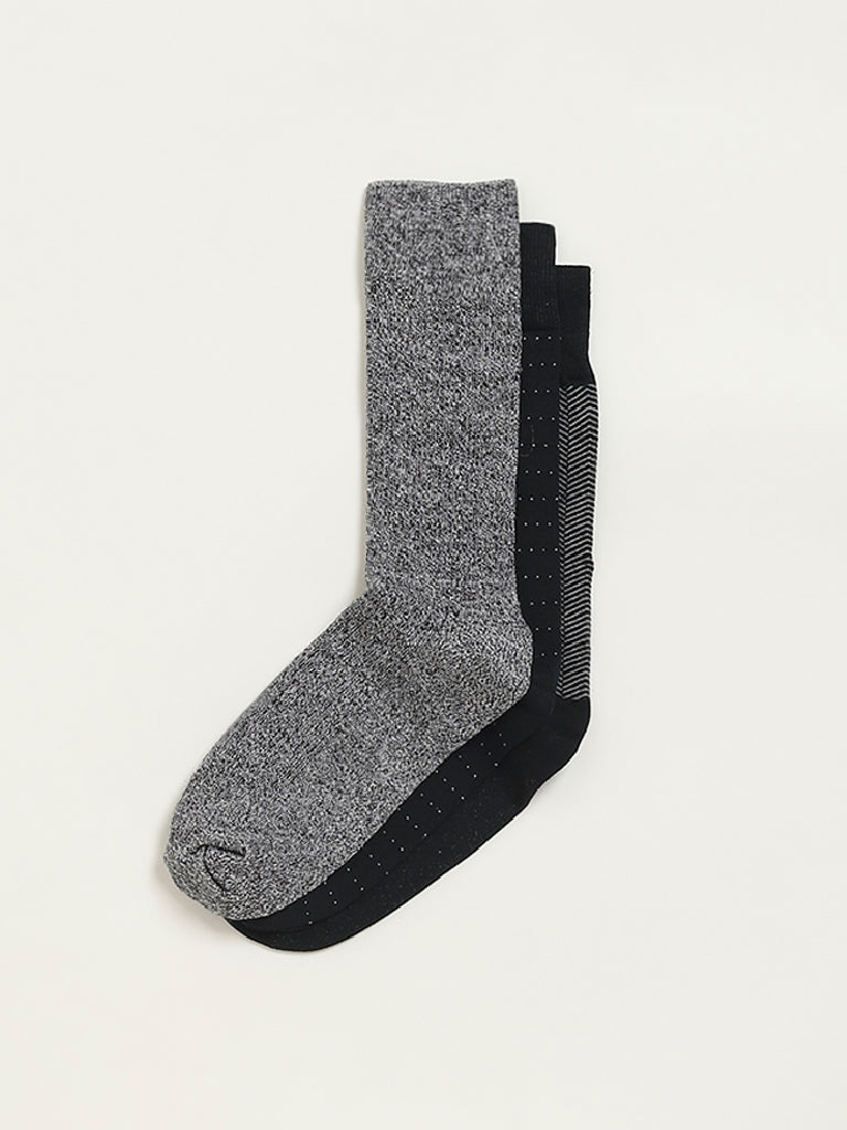 WES Lounge Black Printed Cotton Blend Full Length Socks - Pack of 3