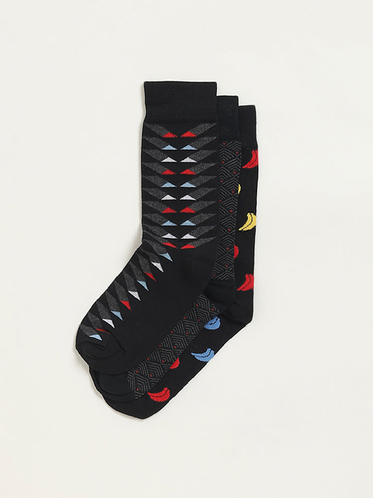 WES Lounge Black Printed Cotton Blend Full Length Socks - Pack of 3