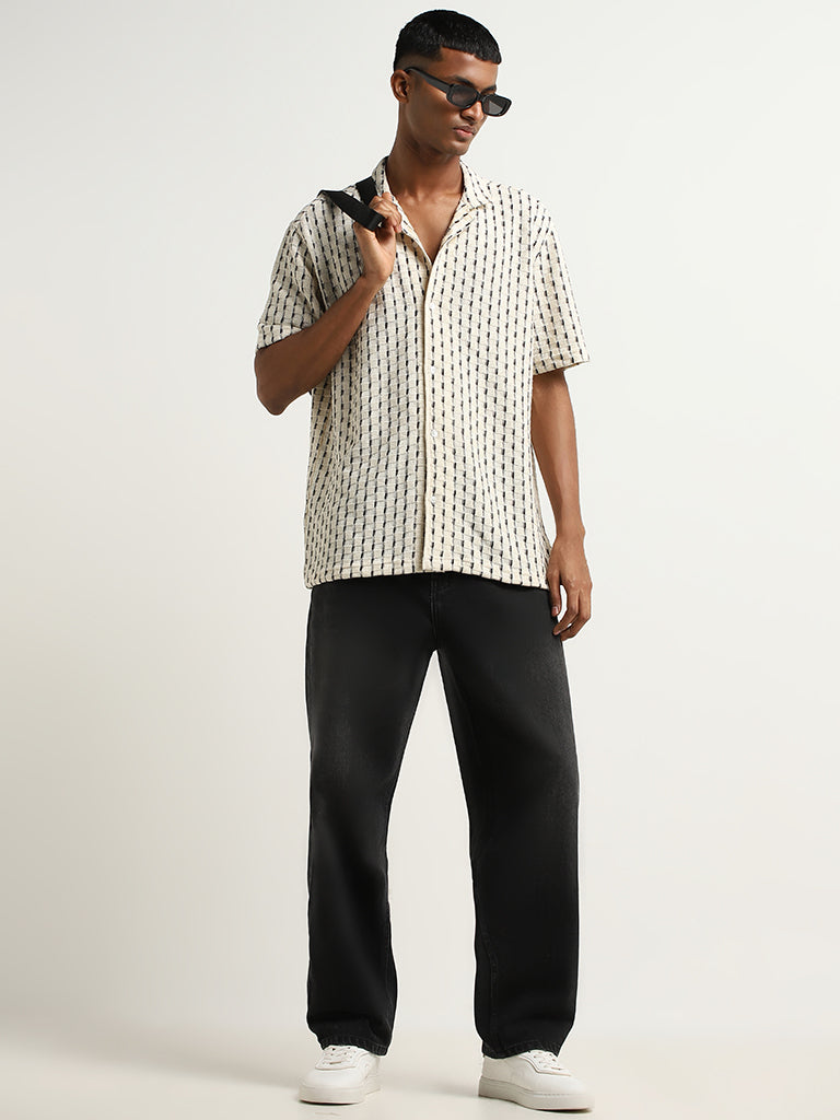 Nuon Off-White Striped Cotton Blend Relaxed Fit Shirt