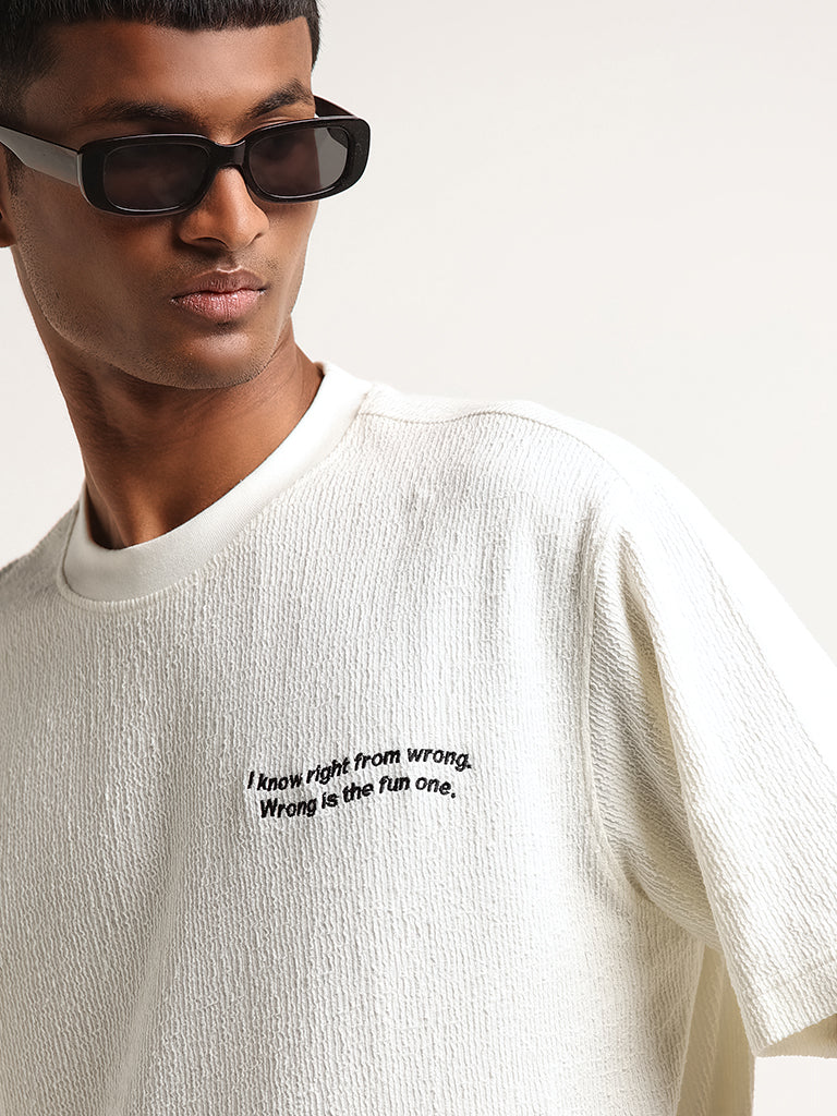 Nuon Off-White Cotton Relaxed Fit Embroidered T-Shirt