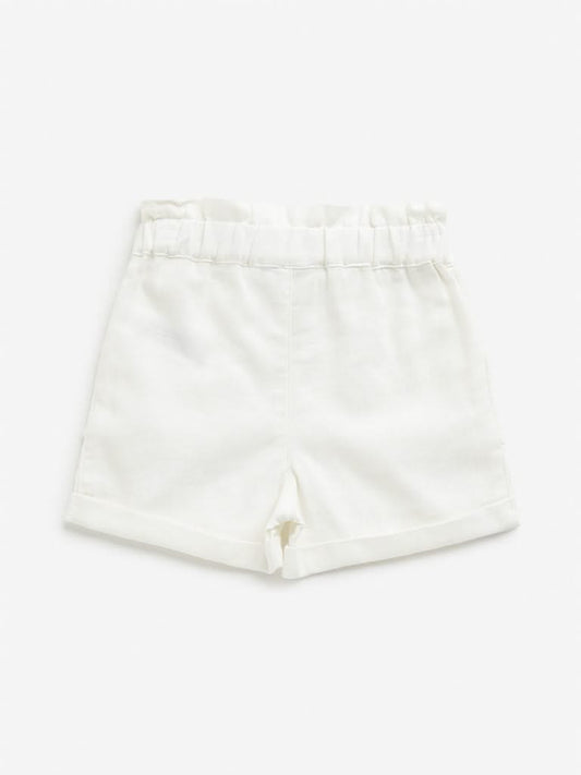 HOP Kids White Paperbag-Waist Mid-Rise Cotton Shorts