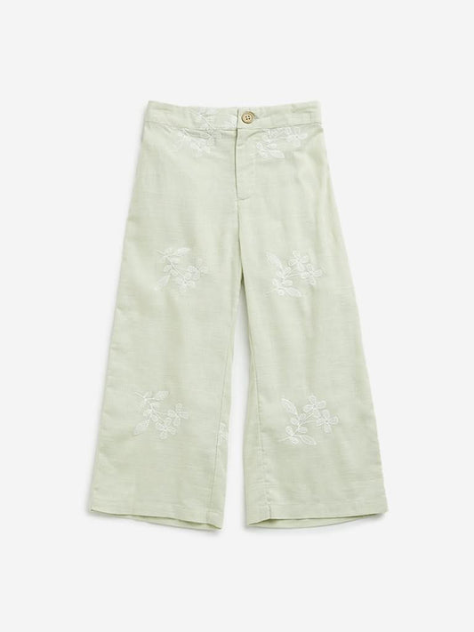 HOP Kids Sage Mid Rise Embroidered Blended Linen Pants