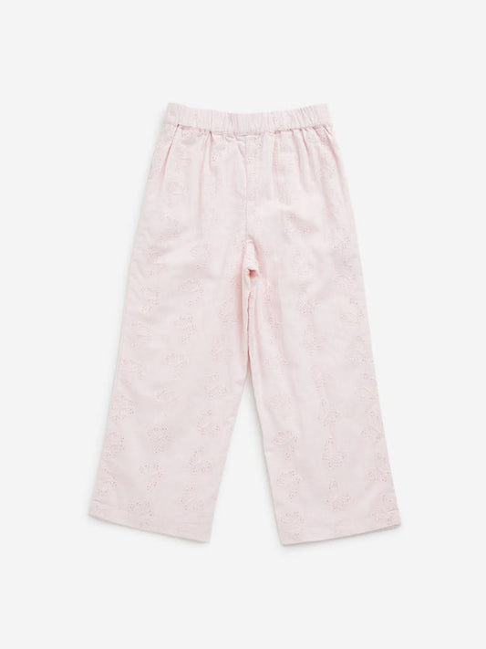 HOP Kids Light Pink Butterfly Schiffli Mid-Rise Cotton Pants