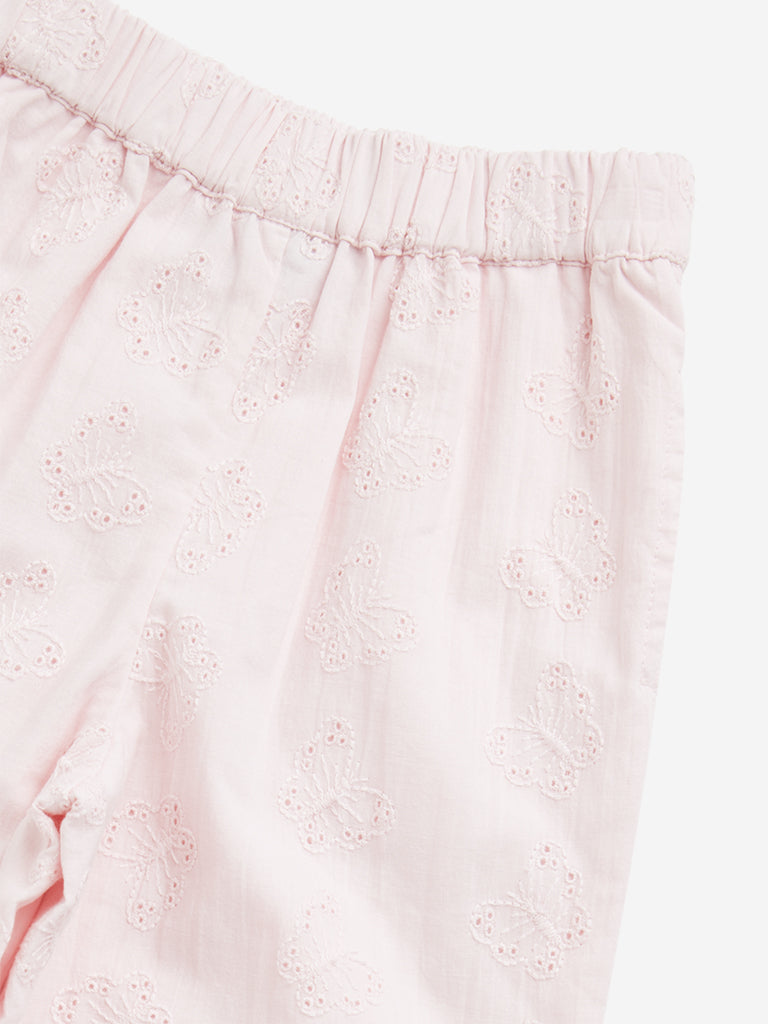 HOP Kids Light Pink Butterfly Schiffli Mid-Rise Cotton Pants