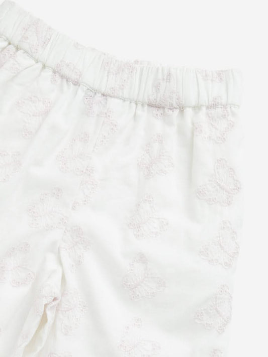 HOP Kids White Butterfly Schiffli Mid-Rise Cotton Pants