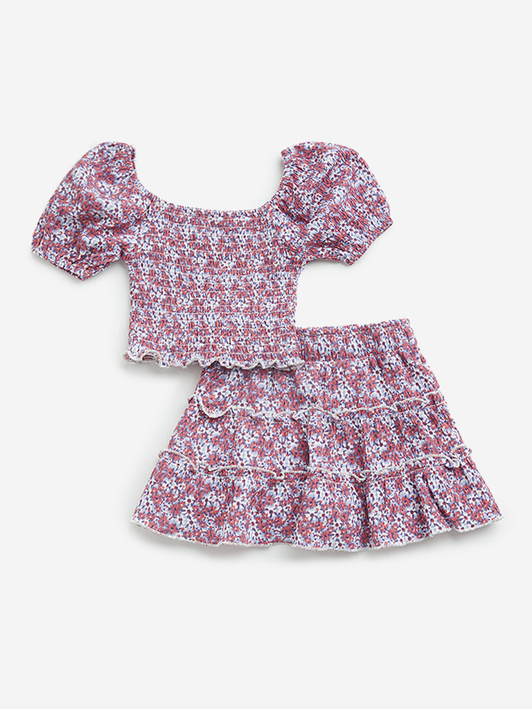 HOP Kids Lilac Floral Printed Top and Skirt Set