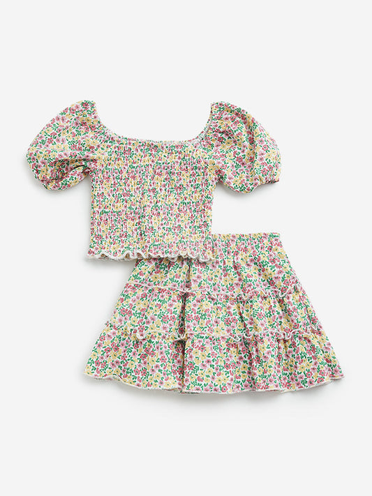 HOP Kids Yellow Floral Printed Top and Skirt Set