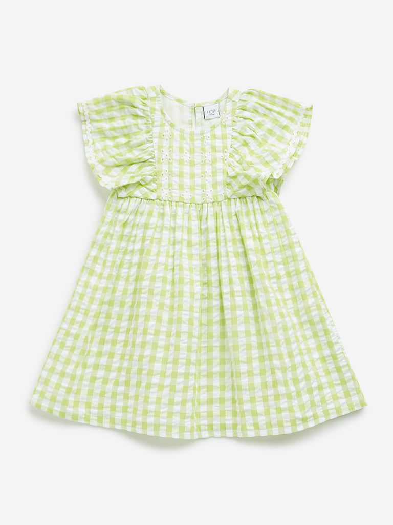 HOP Kids Lime Checkered Design A-Line Cotton Dress