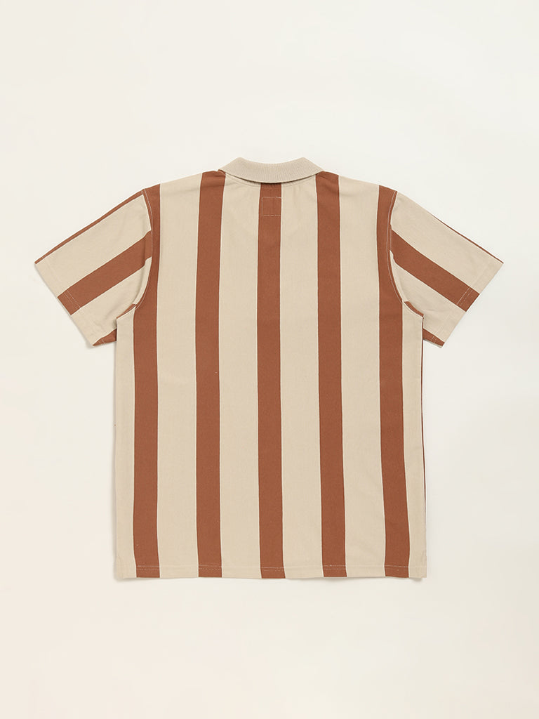 Y&F Kids Brown Stripe Printed Polo Cotton T-Shirt