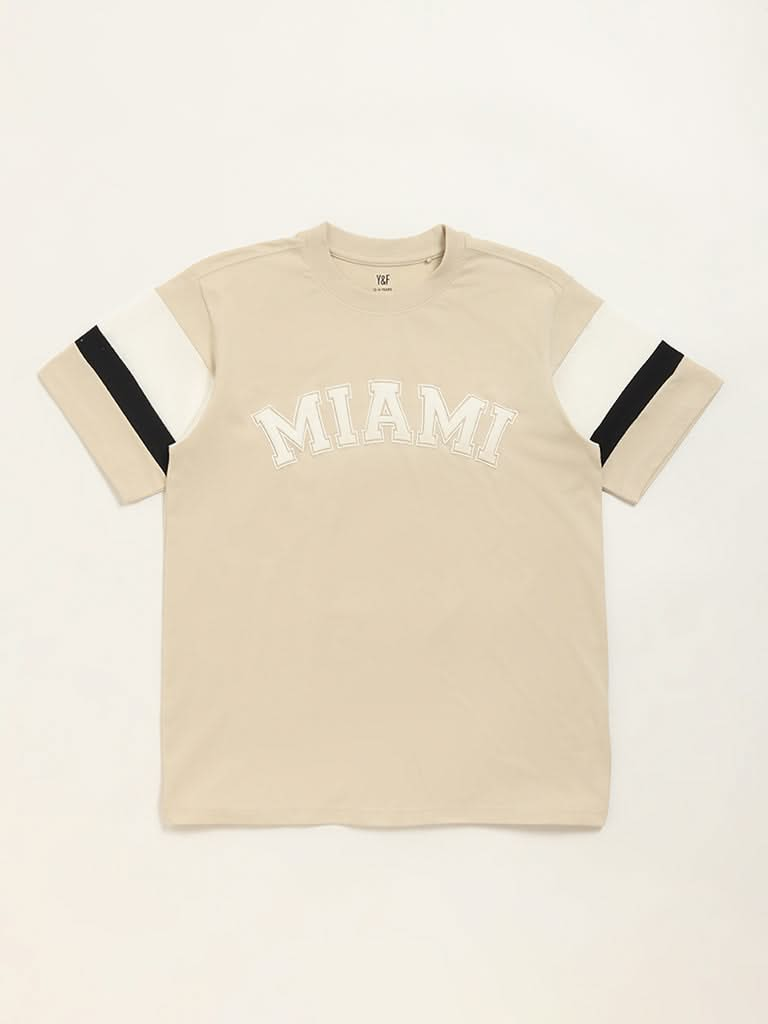 Y&F Kids Beige Text Pattern T-Shirt