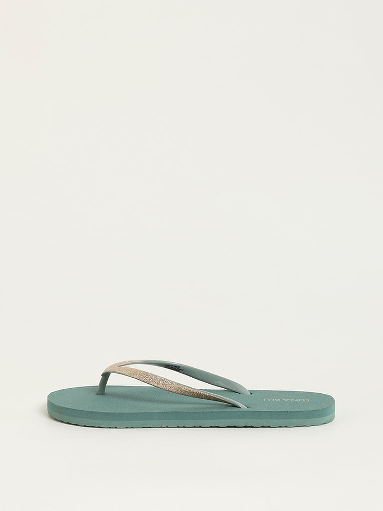 LUNA BLU Dark Green Shimmer-Detailed Flip-Flops