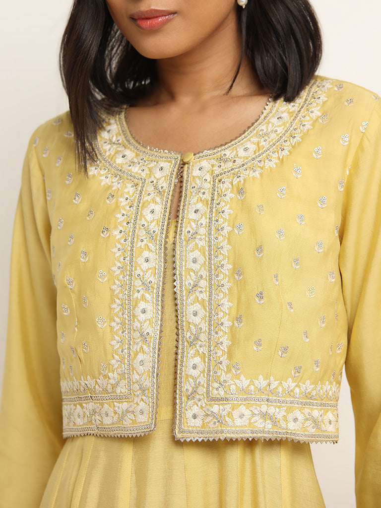 Vark Yellow Embroidered Crop Jacket and Maxi Dress Set