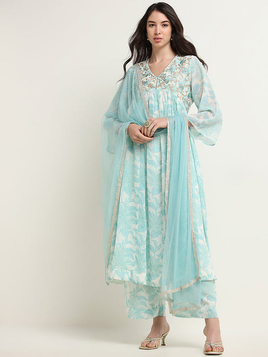 Vark Blue Floral Printed Kurta, Palazzos and Dupatta Set