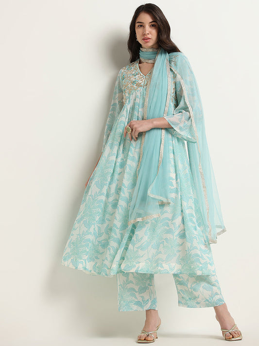 Vark Blue Floral Printed Kurta, Palazzos and Dupatta Set