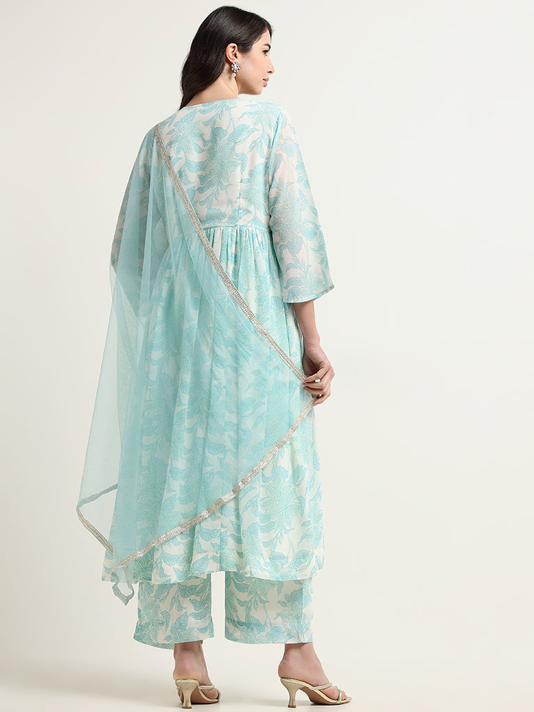 Vark Blue Floral Printed Kurta, Palazzos and Dupatta Set