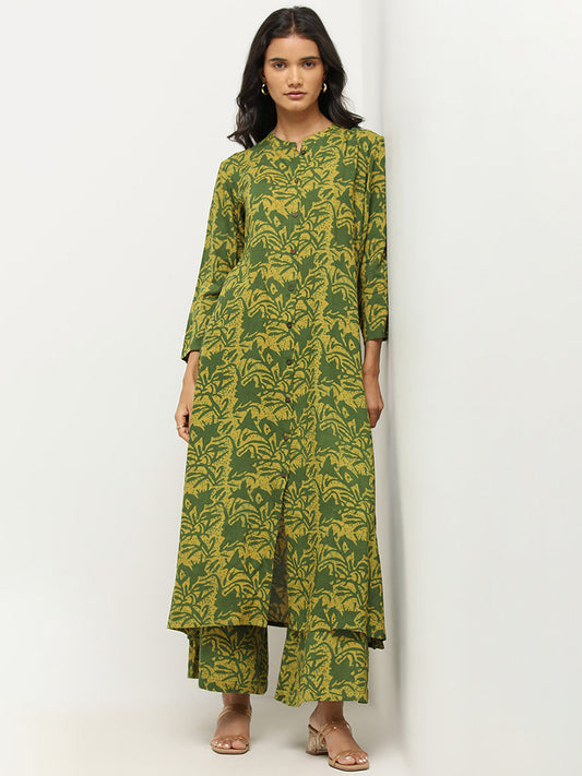 Utsa Dark Green Foliage Print High-Rise Palazzos