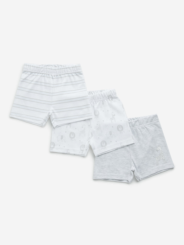 HOP Baby White Printed Cotton Shorts - Pack of 3