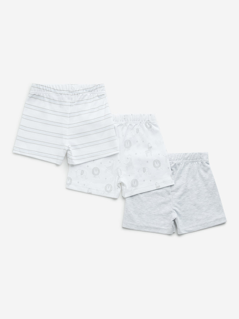 HOP Baby White Printed Cotton Shorts - Pack of 3