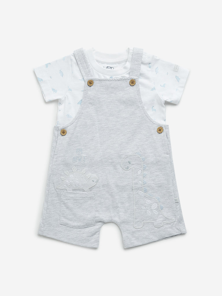 HOP Baby Grey Dinosaur Dungaree with Cotton T-Shirt Set