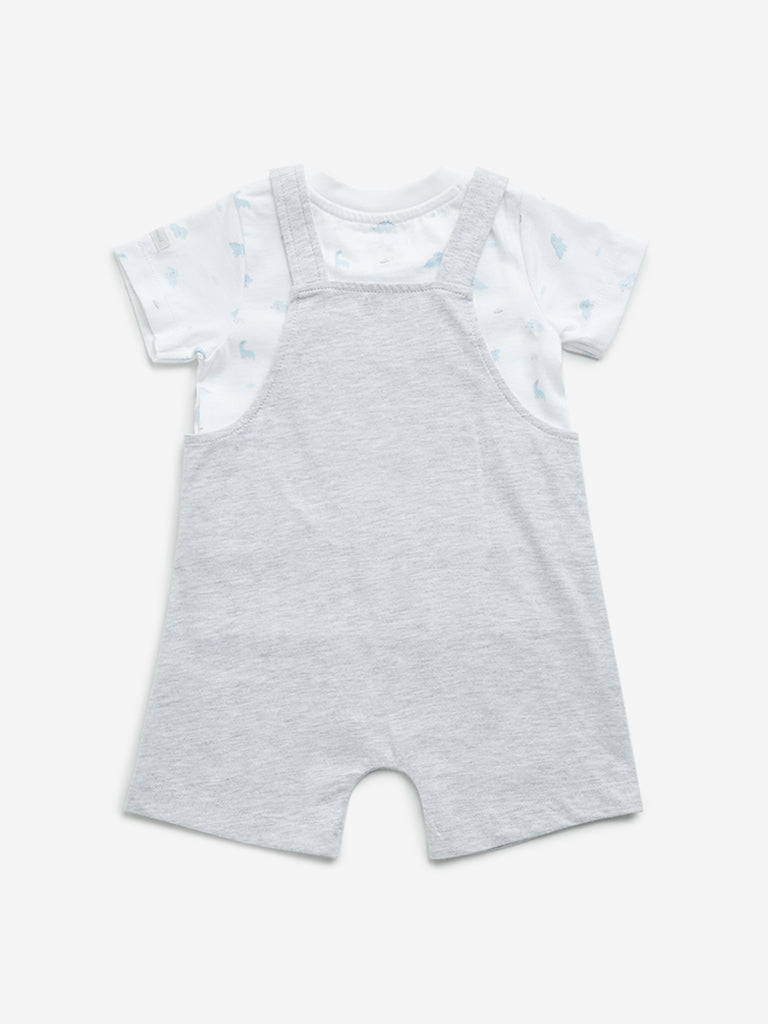 HOP Baby Grey Dinosaur Dungaree with Cotton T-Shirt Set