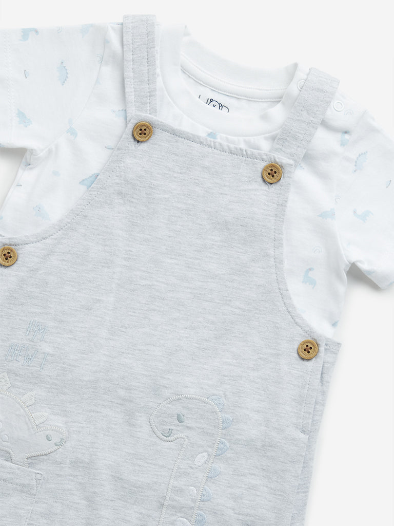 HOP Baby Grey Dinosaur Dungaree with Cotton T-Shirt Set