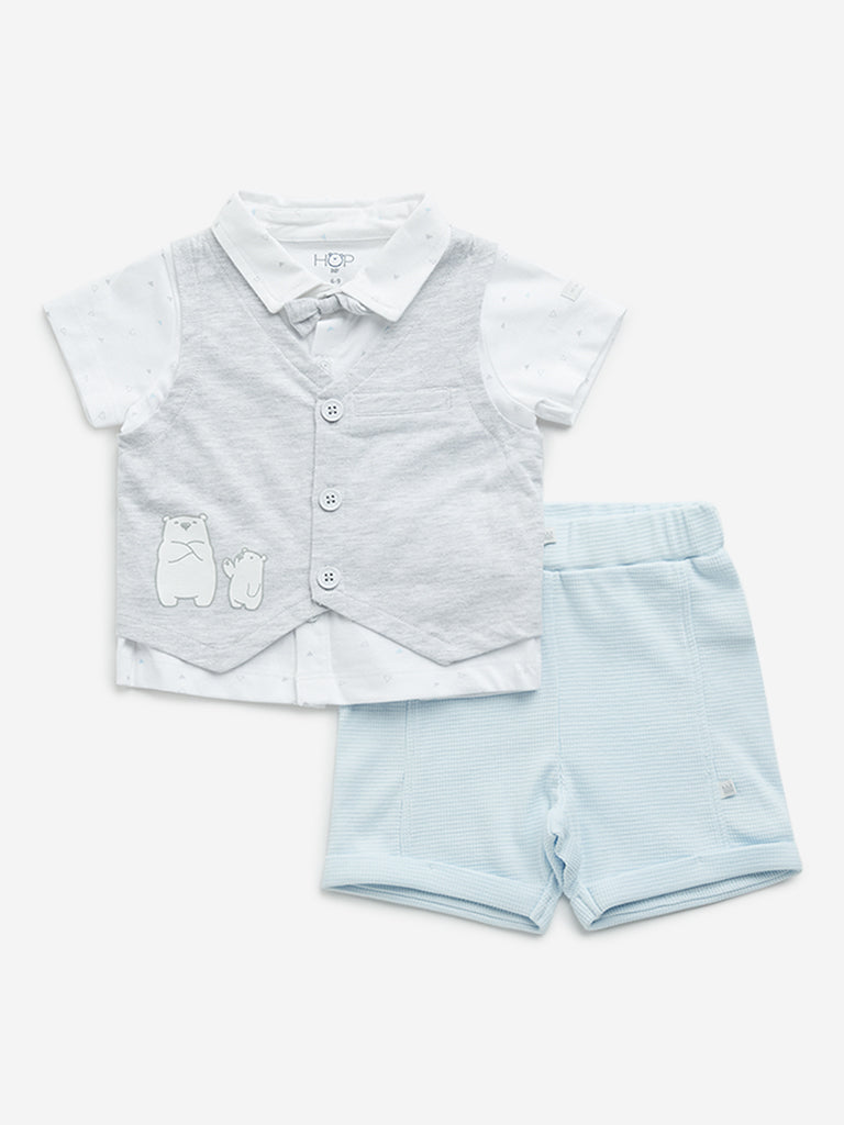 HOP Baby Grey Waistcoat with Cotton Shirt, Bow and Shorts Set